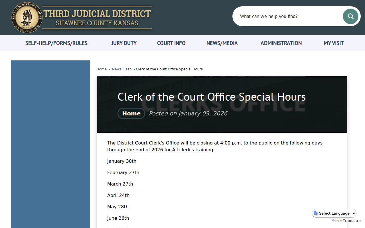 Shawnee County court docket clerk training closure notice