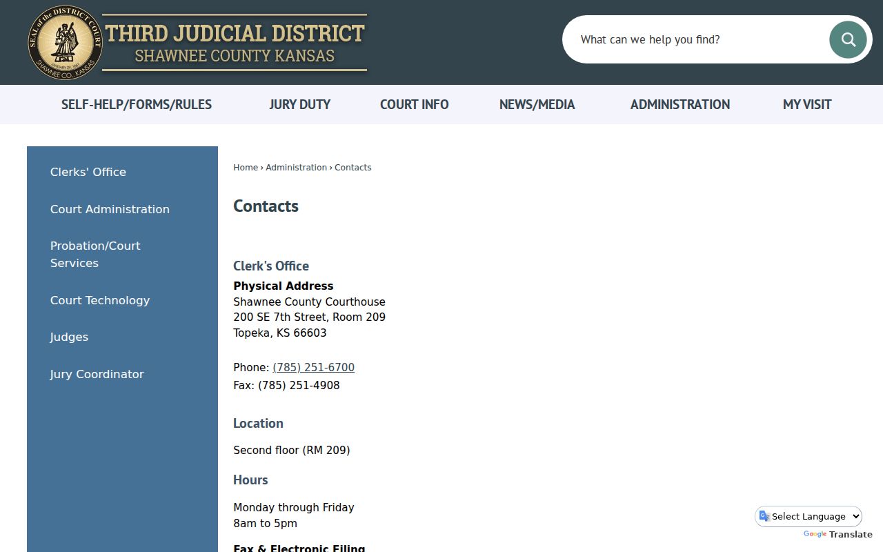 Shawnee County court docket clerk and department contacts