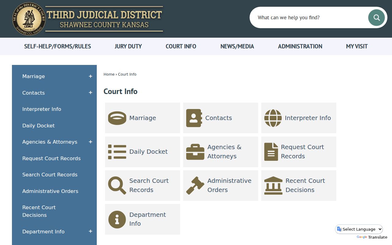 Shawnee County court docket official Court Info access links
