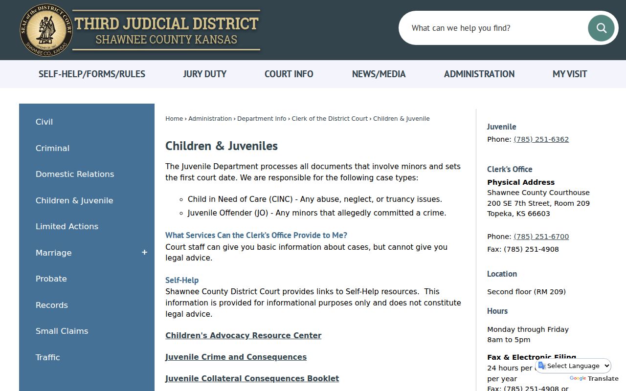 Shawnee County civil docket juvenile confidentiality information