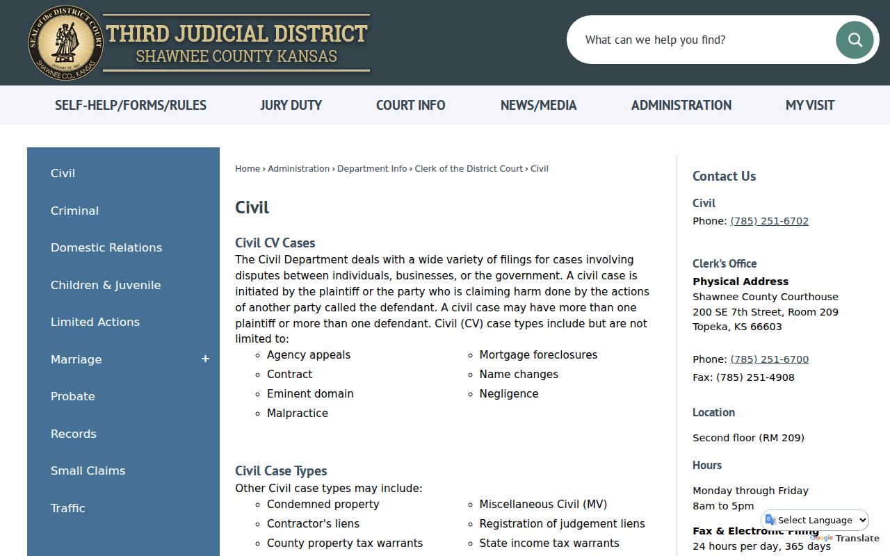 Shawnee County civil docket Civil Department case types
