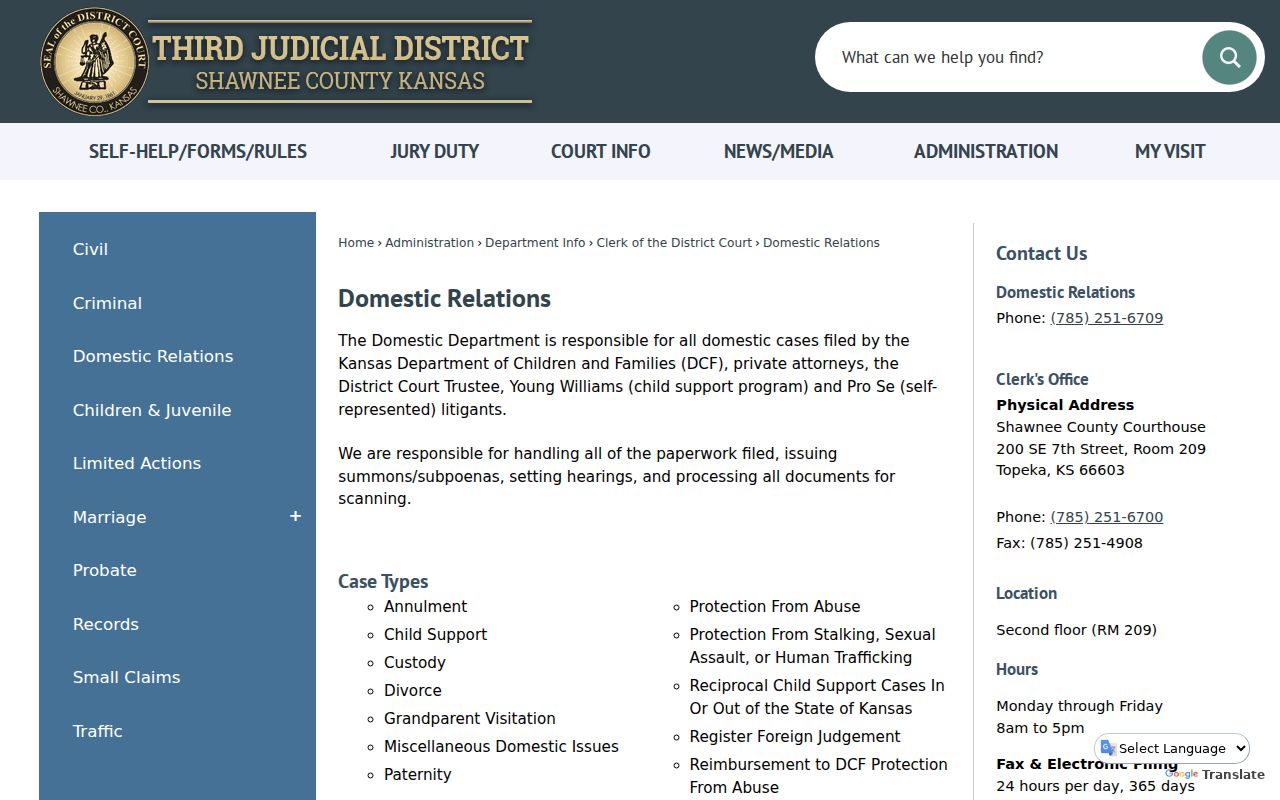Shawnee County civil docket Domestic Relations Department