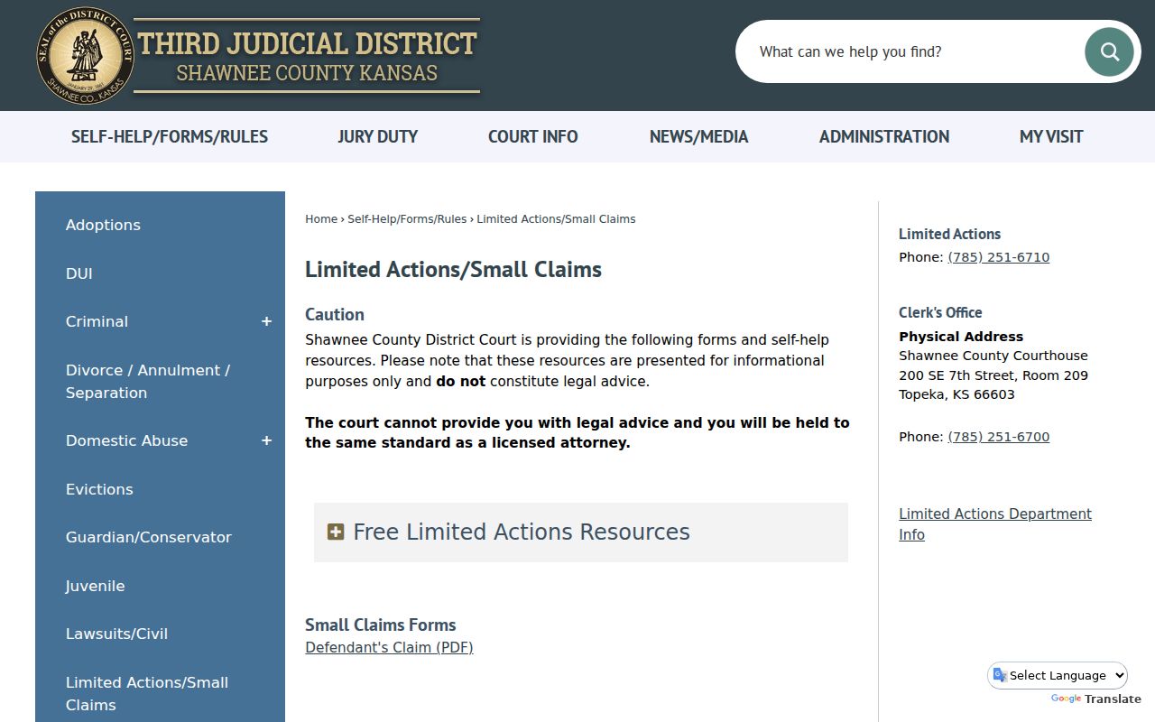 Shawnee County civil docket limited actions and small claims process