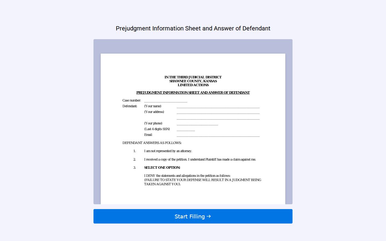 Shawnee County civil docket pre-judgment information form