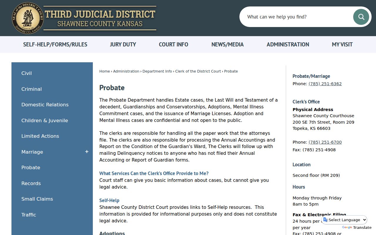 Shawnee County civil docket Probate Department categories
