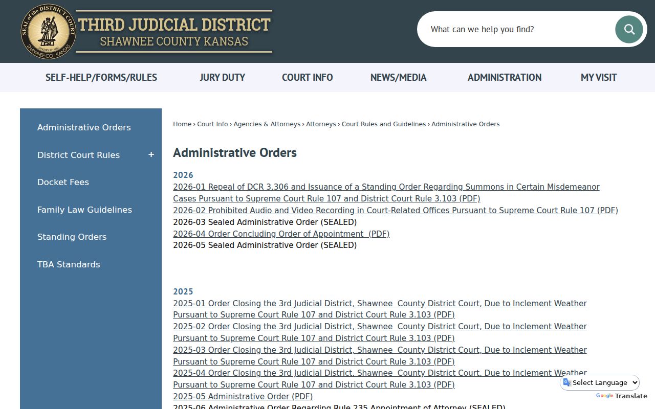 Shawnee County court calendar administrative orders