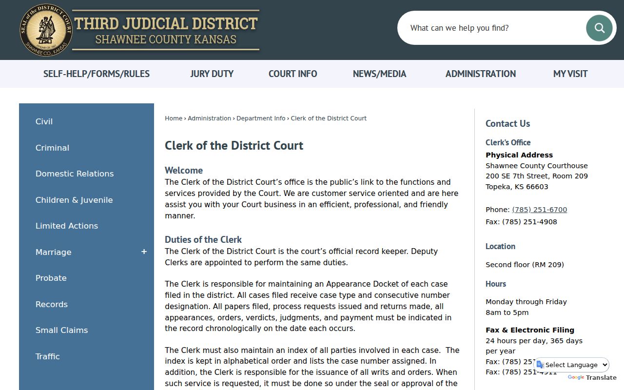 Shawnee County court record clerk duties