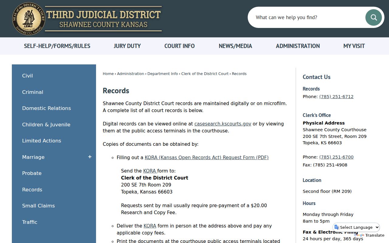 Shawnee County court record document inventory