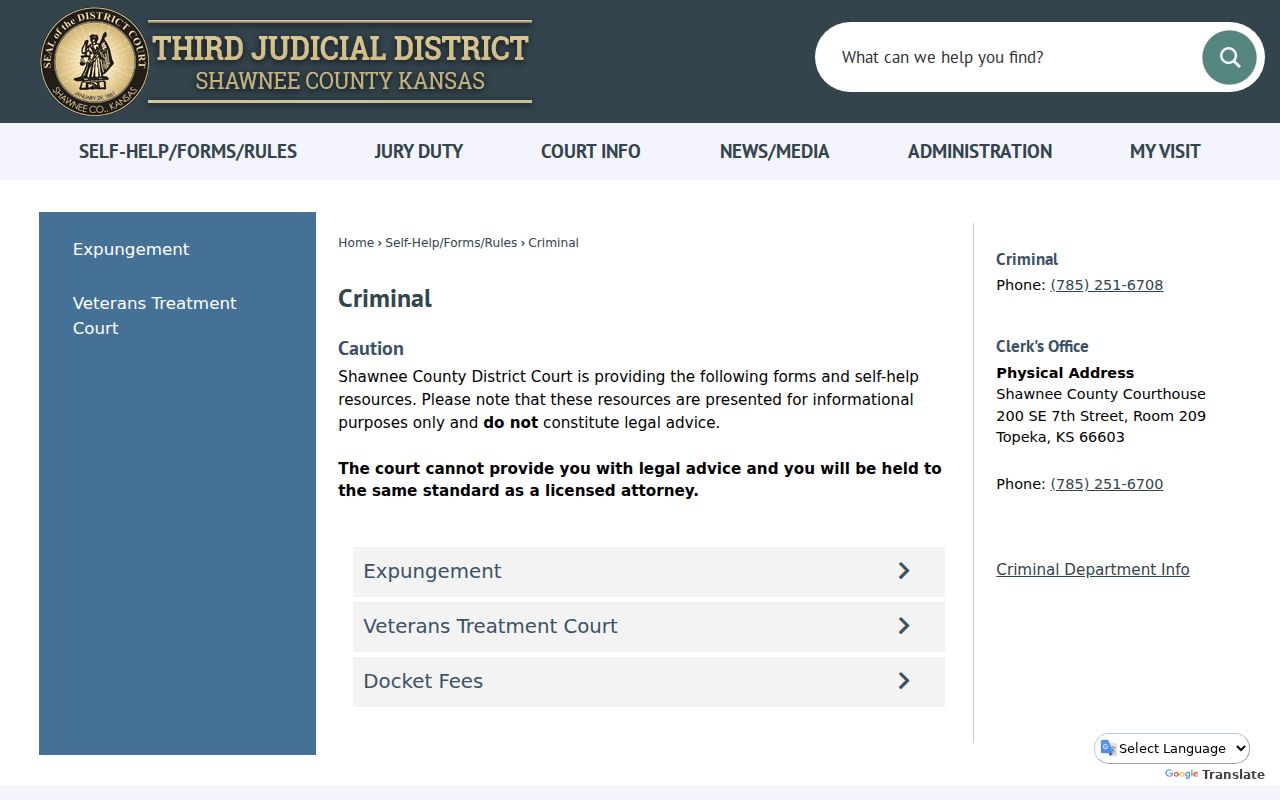 Shawnee County criminal docket Criminal Department page