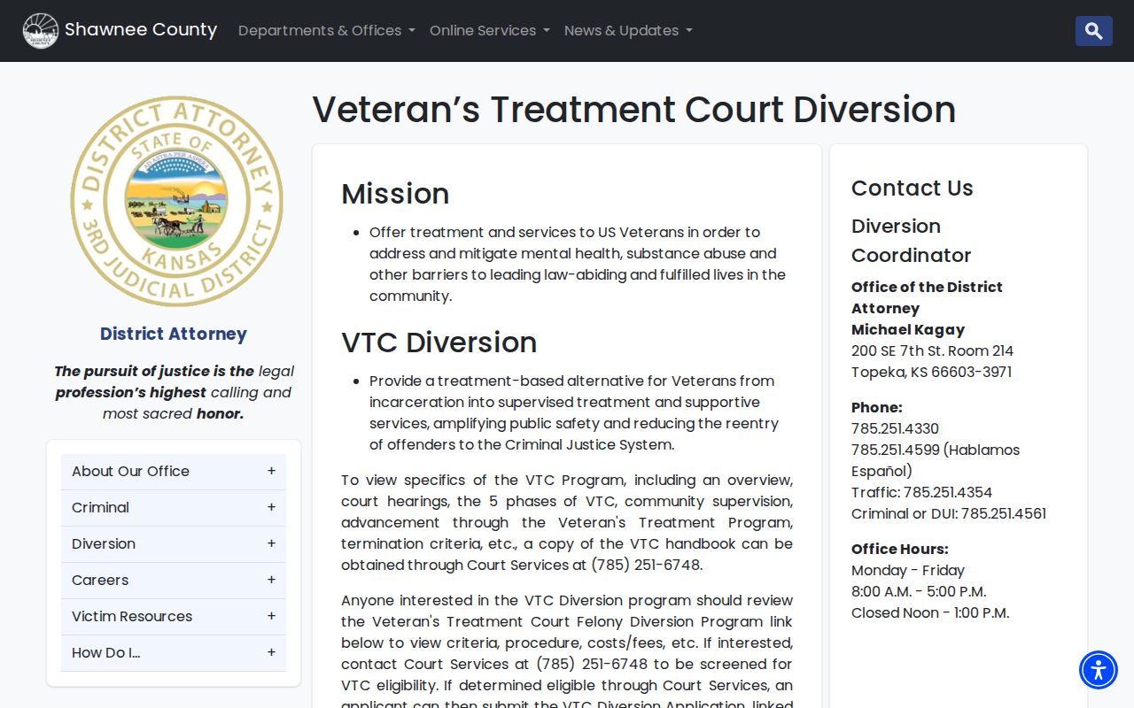 Shawnee County criminal docket veterans treatment diversion details