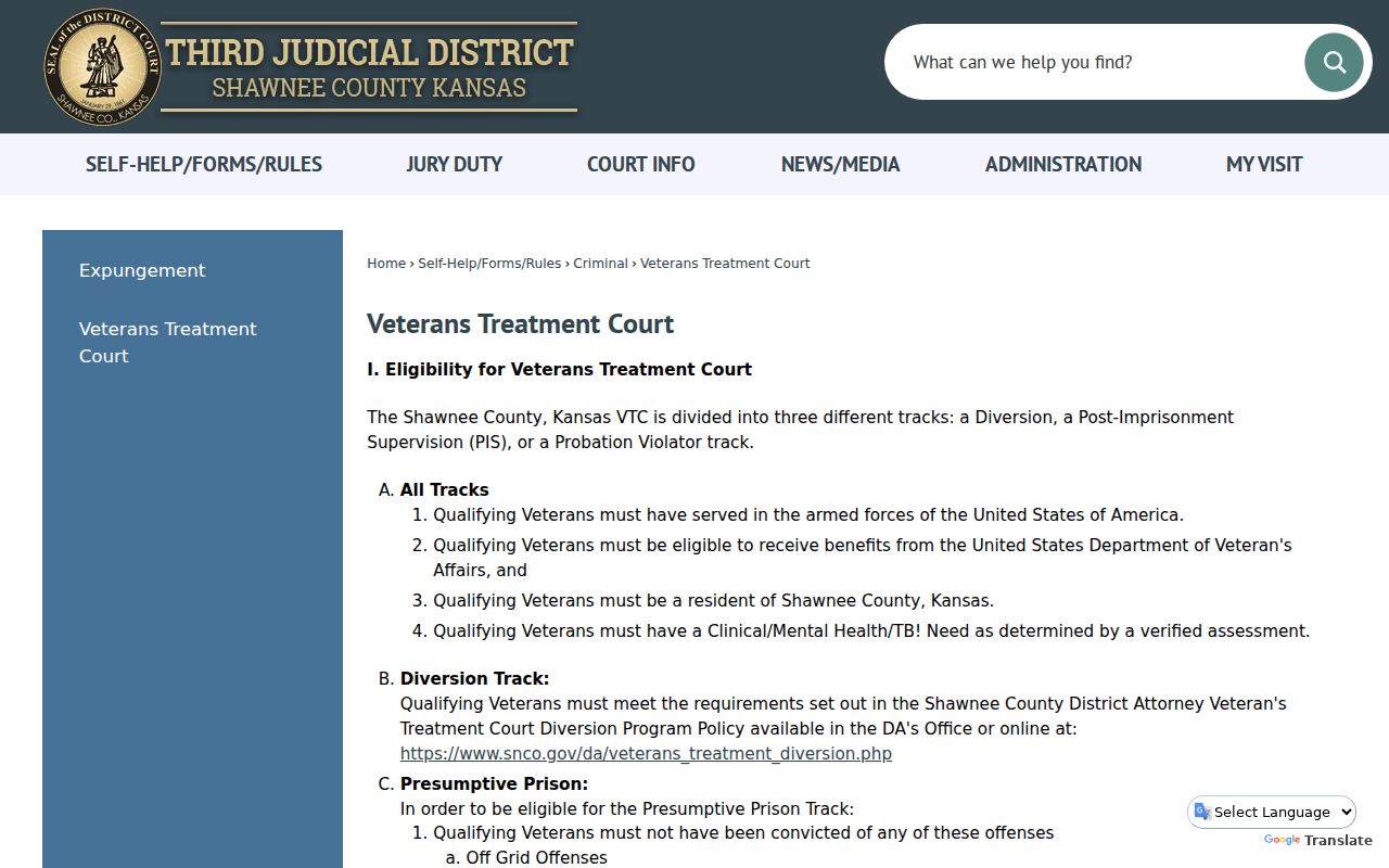 Shawnee County criminal docket Veterans Treatment Court information